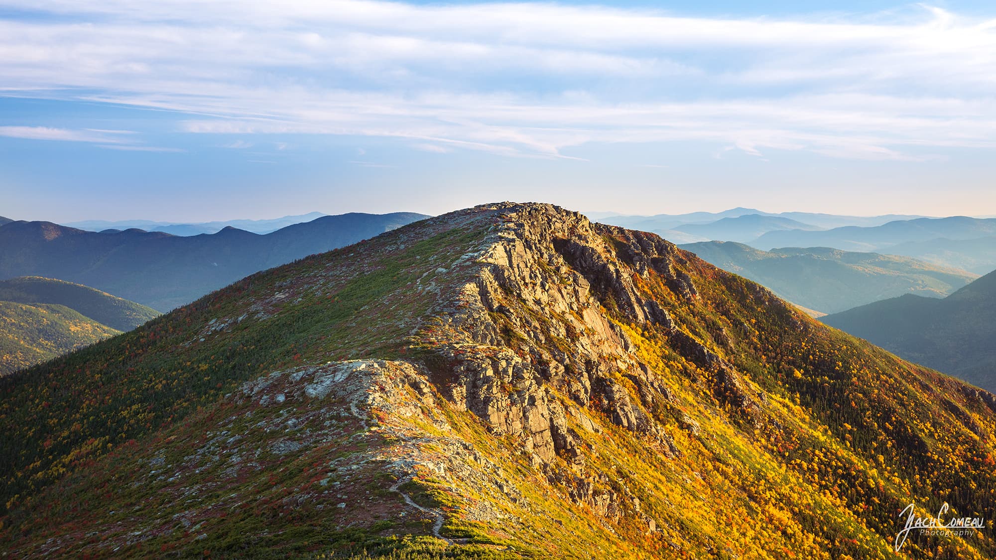Bondcliff Trail and cliffs during golden hour in the Pemigewasset Wilderness